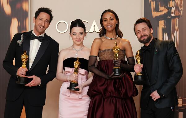 Adrien Brody, from left, winner of the award for best performance by an actor in a leading role for "The Brutalist," Mikey Madison, winner of the award for best performance by an actress in a leading role for "Anora," Zoe Saldana, winner of the award for best performance by an actress in a supporting role for "Emilia Perez," and Kieran Culkin, winner of the award for best performance by an actor in a supporting role for "A Real Pain," pose in the press room at the Oscars on Sunday, March 2, 2025, at the Dolby Theatre in Los Angeles. (Photo by Jordan Strauss/Invision/AP)