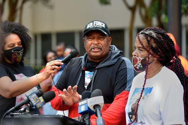 FILE - Family members of Anton Black, from left, LaToya Holley; father, Antone Black, and mother, Jennell Black, speak during a news conference Thursday, Sept. 30, 2021, in Baltimore. (AP Photo/Gail Burton, File)