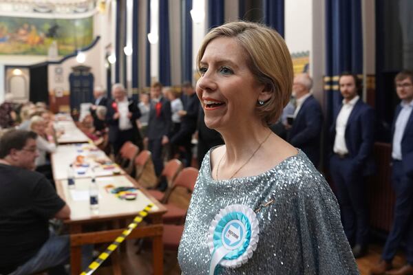 Reform U.K.'s Greater Lincolnshire mayoral candidate Dame Andrea Jenkyns looks on during the count at Grimsby Town Hall, in Lincolnshire, England, for the Greater Lincolnshire Mayor election, early Friday, May 2, 2025. (Joe Giddens/PA via AP)