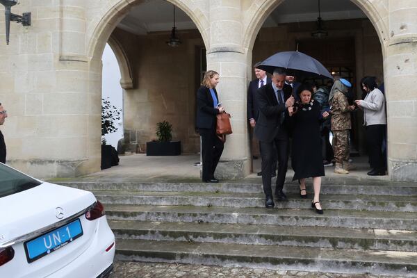 U.N. Under-Secretary-General for Political and Peacebuilding Affairs Rosemary DiCarlo, right, leaves the Presidential palace after a meeting with the Cyprus' President Nikos Christodoulides, in divided capital Nicosia, Cyprus, Monday, Feb. 10, 2025. (AP Photo/Petros Karadjias)