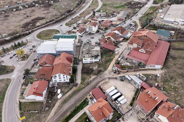 An aerial photograph shows the site of a nightclub in the town of Kocani, North Macedonia, Sunday, March 16, 2025, following a massive fire in the nightclub early Sunday. (AP Photo/Armin Durgut)