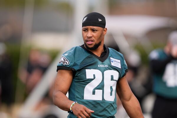 Philadelphia Eagles running back Saquon Barkley (26) runs through drills during an NFL football practice Thursday, Feb. 6, 2025, in New Orleans, ahead of Super Bowl 59 against the Kansas City Chiefs. (AP Photo/Gerald Herbert)