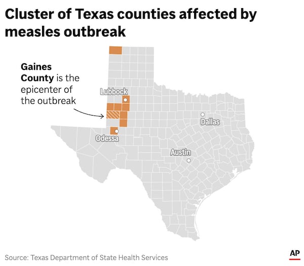 The map above highlights a cluster of counties in Texas that have experienced a measles outbreak. (AP Graphic)