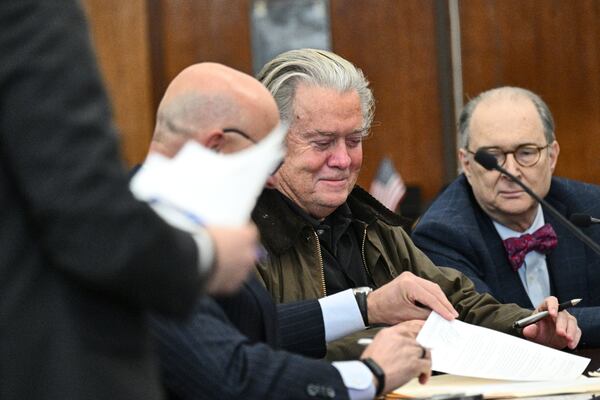 Steve Bannon pleads guilty to a fraud charge related to the “We Build the Wall" scheme, Tuesday, Feb. 11, 2025, at the state court in New York. (Curtis Means/Pool Photo via AP)