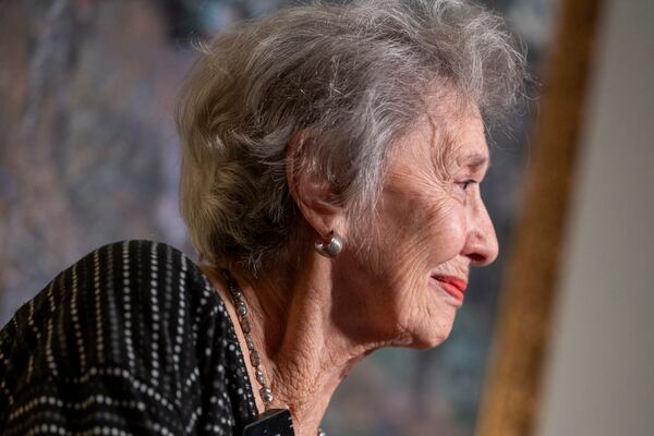 Malphine Fogel, 95, sits with Sasha Phillips, not pictured, Counsel with Dentons Cohen & Grigsby, as they talk during a press conference on her son, Marc Fogel, who was a Russian detainee for three and a half years and is now on his way home, Tuesday, Feb. 11, 2025, in Butler, Pa. (Benjamin B. Braun/Pittsburgh Post-Gazette via AP)