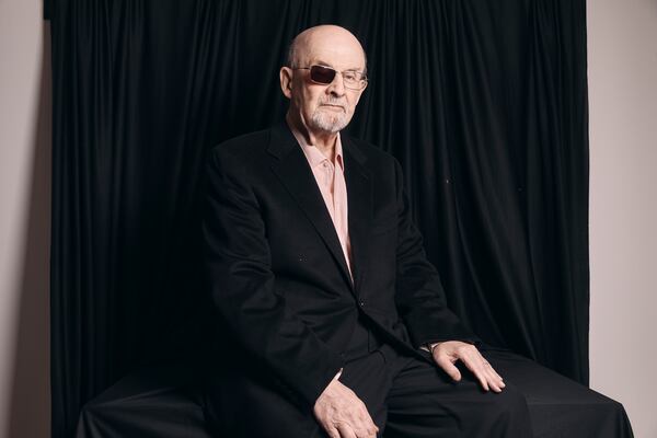 FILE - Salman Rushdie poses for a portrait to promote his book "Knife: Meditations After an Attempted Murder" on Thursday, April 18, 2024, in New York. (AP Photo/Andres Kudacki, File)