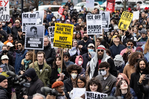 A crowd gathers in Foley Square, outside the Manhattan federal court, in support of Mahmoud Khalil, Wednesday, March 12, 2025, in New York. (AP Photo/Stefan Jeremiah)