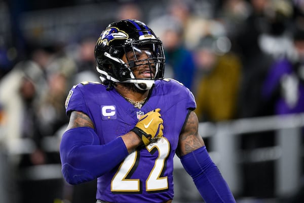 Baltimore Ravens running back Derrick Henry reacts after scoring a touchdown against the Pittsburgh Steelers during the second half of an NFL wild-card playoff football game, Saturday, Jan. 11, 2025, in Baltimore. (AP Photo/Nick Wass)