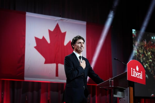 Canada's Prime Minister Justin Trudeau concludes his remarks at the Liberal Leadership Event in Ottawa, on Sunday, March 9, 2025. (Justin Tang/The Canadian Press via AP)