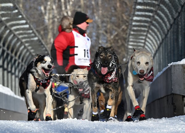 FILE - Matt Hall's team crosses the Northern Lights bridge near Goose Lake during the ceremonial start of the Iditarod Trail Sled Dog Race, Saturday, March 2, 2024. (Anne Raup/Anchorage Daily News via AP)