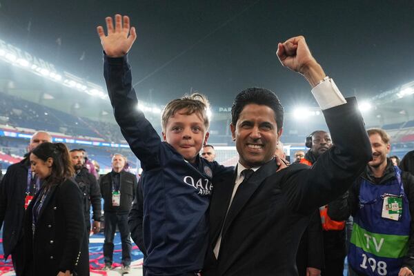 PSG President Nasser Al-Khelaifi, celebrates after the Champions League semifinal, second leg soccer match between Paris Saint-Germain and Arsenal at the Parc des Princes in Paris, Wednesday, May 7, 2025. (AP Photo/Thibault Camus)