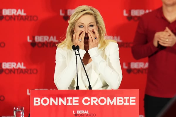 Ontario Liberal Leader Bonnie Crombie addresses her supporters at her campaign headquarters in Mississauga, Ontario, Thursday, Feb. 27, 2025. (Nathan Denette/The Canadian Press via AP)