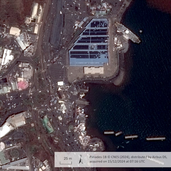 This satellite photo provided on Wednesday Dec. 18, 2024 by the Centre National d'Etudes Spatiales (CNES) shows the port of Mamoudzou in the Indian Ocean the French territory of Mayotte, on Dec. 15, 2024, after the cyclone Chido. (CNES distributed by Airbus DS via AP)