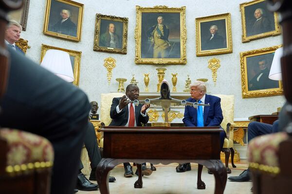 President Donald Trump meets South African President Cyril Ramaphosa in the Oval Office of the White House, Wednesday, May 21, 2025, in Washington. (AP Photo/Evan Vucci)
