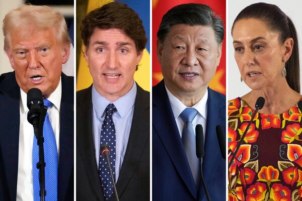 FILE - This combination of file photos shows, from left, U.S. President Donald Trump in Palm Beach, Fla., Feb. 7, 2025, Canadian Prime Minister Justin Trudeau in Kyiv, Ukraine, June 10, 2023, China's President Xi Jinping in Brasilia, Brazil, Nov. 20, 2024, and Mexico's President in Mexico City, June 27, 2024, Claudia Sheinbaum. (AP Photo, File)