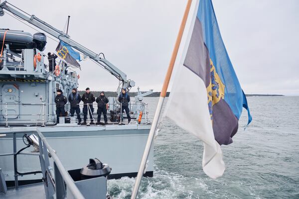 FILE - Estonian naval ships sail in the Baltic Sea on Jan. 9, 2025, as part of stepped-up NATO patrols in the region following suspected sabotage of undersea cables. (AP Photo/Hendrik Osula, File)