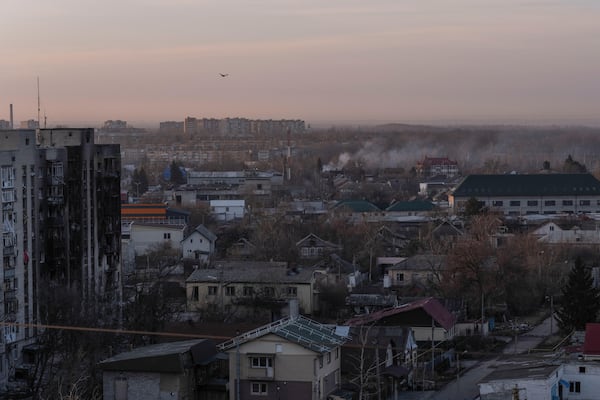 In this photo provided by Ukraine's 93rd Kholodnyi Yar Separate Mechanized Brigade press service, an aerial view shows Pokrovsk, the site of heavy battles with Russian troops, in the Donetsk region, Ukraine, Sunday, March 9, 2025. (Iryna Rybakova/Ukraine's 93rd Mechanized Brigade via AP)