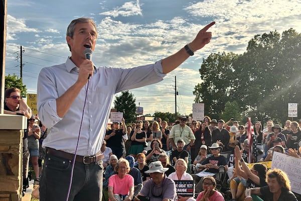 Former presidential candidate Beto O'Rourke of Texas speaks at a rally called "Tide Against Trump" in Tuscaloosa, Ala., held in opposition to President Donald Trump's appearance on campus on Thursday, May 1, 2025. (AP Photo/Kimberly Chandler)