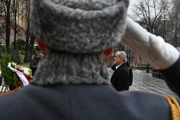 Iranian President Masoud Pezeshkian attends a laying ceremony at the Unknown Soldier near the Kremlin Wall in Moscow, Russia, Friday, Jan. 17, 2025. (Alexander Nemenov/Pool Photo via AP)