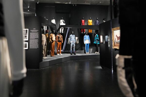 Designs are displayed at the Metropolitan Museum of Art's Costume Institute exhibition, "Superfine: Tailoring Black Style," on Saturday, May 3, 2025, in New York. (Photo by Charles Sykes/Invision/AP)