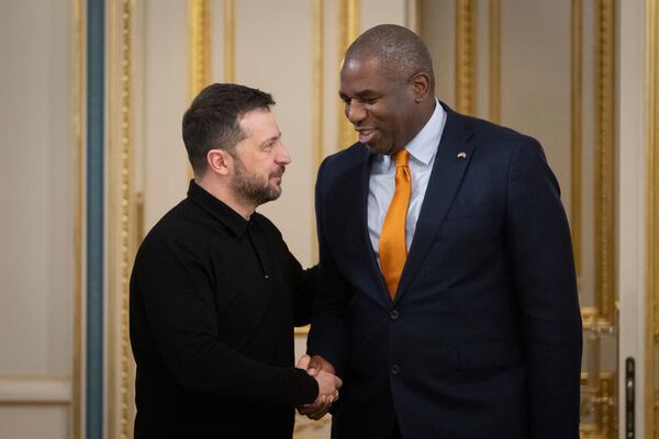 Britain's Foreign Secretary David Lammy is greeted by Ukraine's President Volodymyr Zelenskyy during their meeting in Kyiv, Ukraine, Wednesday, Feb. 5, 2025. (AP Photo/Efrem Lukatsky)