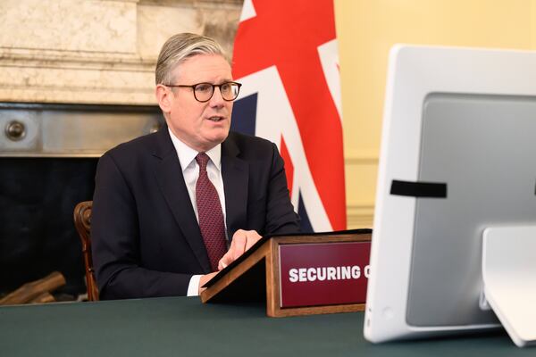 Britain's Prime Minister Keir Starmer speaks with European leaders at the beginning of a video conference at 10 Downing Street in London, England, March 15, 2025. (Leon Neal/Pool Photo via AP)