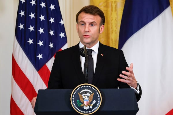 France's President Emmanuel Macron speaks during a joint press conference with President Donald Trump in the East Room of the White House in Washington, Monday, Feb. 24, 2025. (Ludovic Marin/Pool via AP)