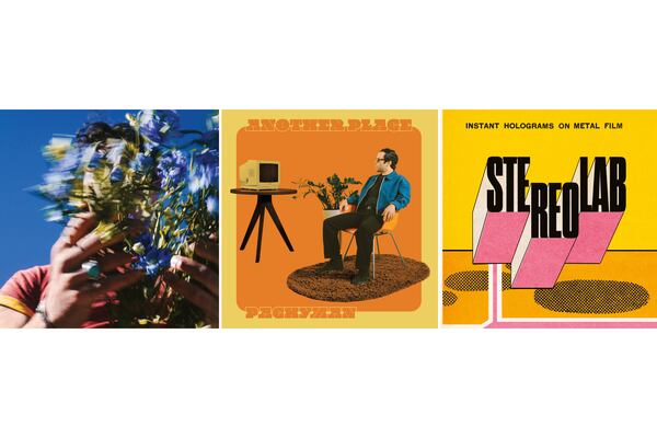 This combination of album cover images shows Music For People Who Believe In Love" by Joe Jonas, left, "Another Place" by Pachyman, center, and "Instant Holograms on Metal Film" by Stereolab. (Republic Records/ATO/Warp and Duophonic UHF Disks via AP)