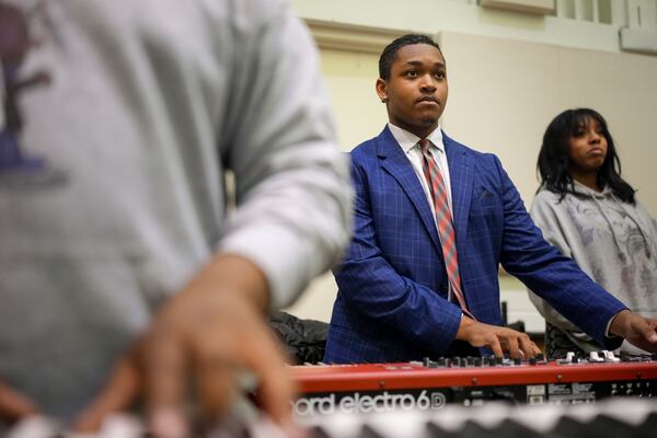 Jonathan McKinney plays an electric piano during rehearsal at Stax Music Academy, Thursday, Jan. 30, 2025, in Memphis, Tenn. (AP Photo/George Walker IV)