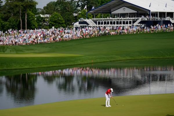 Sergio Garcia, of Spain, putts on the 14th hole during the second round of the PGA Championship golf tournament at the Quail Hollow Club, Friday, May 16, 2025, in Charlotte, N.C. (AP Photo/George Walker IV)