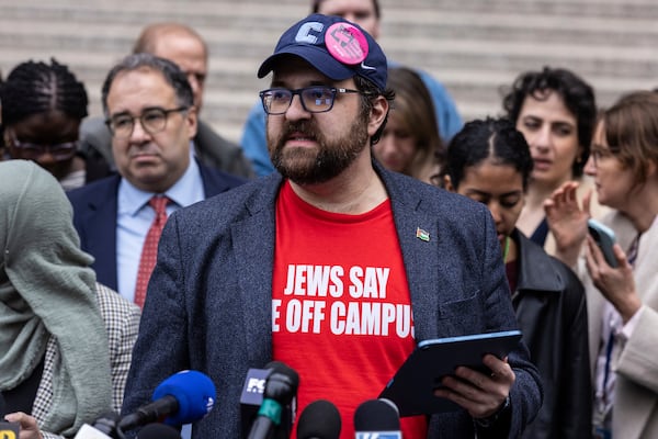 Columbia University associate professor, Joseph Howley speaks to the media after attending a hearing in Manhattan federal court addressing the deportation case of Mahmoud Khalil, Wednesday, March 12, 2025, in New York. (AP Photo/Stefan Jeremiah)