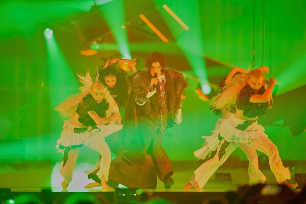 Marko Bosnjak from Croatia performs the song "Poison Cake" during the dress rehearsal for the first semi-final of the 69th Eurovision Song Contest, in Basel, Switzerland, Monday, May 12, 2025. (AP Photo/Martin Meissner)