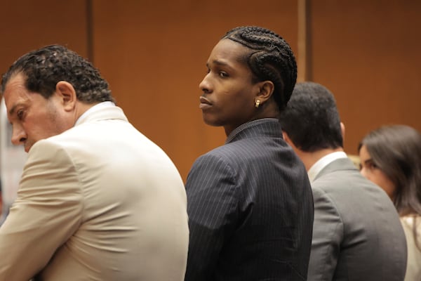 A$AP Rocky, center, waits for his verdict to be read during his trial Tuesday, Feb. 18, 2025, in Los Angeles. (Daniel Cole/Pool Photo via AP)