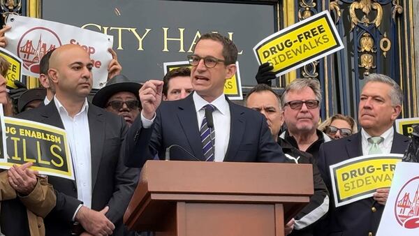 San Francisco Mayor Daniel Lurie speaks at a rally at City Hall to support legislation that gives the mayors extra power to address the city's fentanyl crisis Wednesday, Jan. 29, 2025, in San Francisco. (AP Photo/Terry Chea)