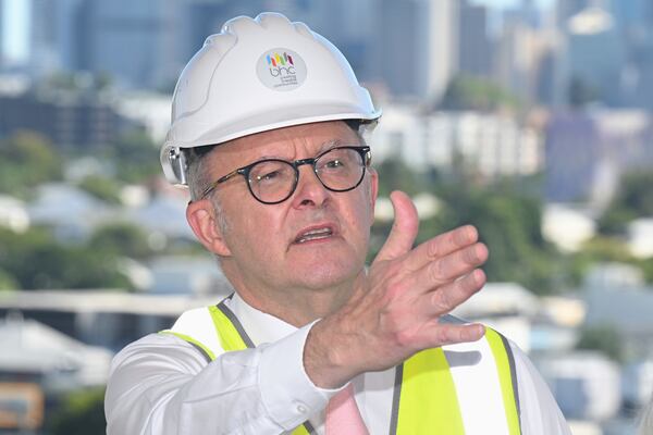 Australian Prime Minister Anthony Albanese speaks during a visit to a housing project in Stones Corner in the electorate of Griffith in Brisbane, Tuesday, April 29, 2025. (Lukas Coch/AAP Image via AP)