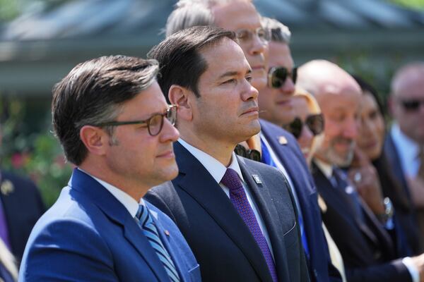 House Speaker Mike Johnson, R-La., from left, Secretary of State Marco Rubio, Treasury Secretary Scott Bessent, Defense Secretary Pete Hegseth, Attorney General Pam Bondi and Commerce Secretary Howard Lutnick listen as President Donald Trump speaks during a National Day of Prayer event in the Rose Garden of the White House, Thursday, May 1, 2025, in Washington. (AP Photo/Evan Vucci)