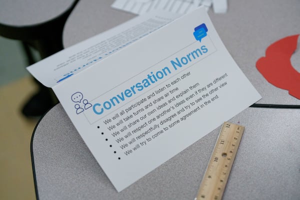 A classroom sign displayed at Benjamin O. Davis Middle School in Compton, Calif., Thursday, Feb. 6, 2025. (AP Photo/Eric Thayer)