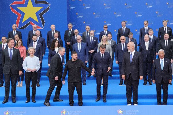 The leaders of European countries and organizations pose for a family photo during the European Political Community summit in Tirana, Albania, Friday, May 16, 2025. (AP Photo/Vlasov Sulaj)