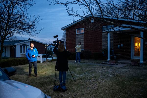 Media film in front of Malphine Fogel's home after a press conference about her son, Marc Fogel, who was a Russian detainee for three and a half years and is now on his way home, Tuesday, Feb. 11, 2025, in Butler, Pa. (Benjamin B. Braun/Pittsburgh Post-Gazette via AP)