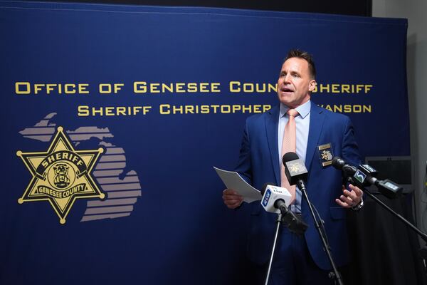 Genesee County Sheriff Chris Swanson talks at a news conference, Jan. 28, 2025 in Flint, Mich. (AP Photo/Paul Sancya)