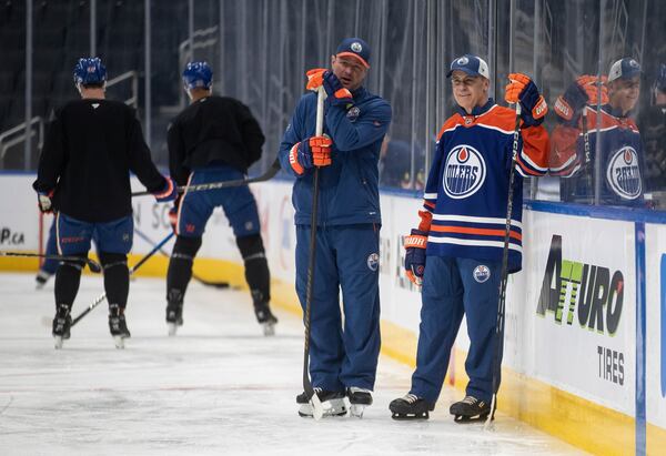 Canadian Prime Minister Mark Carney skates with the Edmonton Oilers NHL hockey team during a visit to Edmonton, Alberta, Thursday, March 20, 2025. (Jason Franson/The Canadian Press via AP)