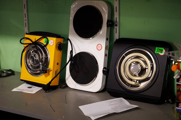 Electrical heaters on display in a village shop in Copanca, Moldova, Wednesday, Jan. 8, 2025. (AP Photo)