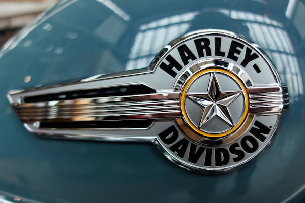 The Harley-Davidson logo on a tank of a motor bike is pictured in Frankfurt, Germany, Wednesday, March 12, 2025. (AP Photo/Michael Probst)