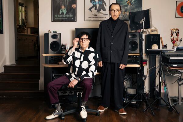 Russell Mael, left, and Ron Mael of Sparks pose for a portrait on Tuesday, April 8, 2025, in Los Angeles. (Photo by Rebecca Cabage/Invision/AP)