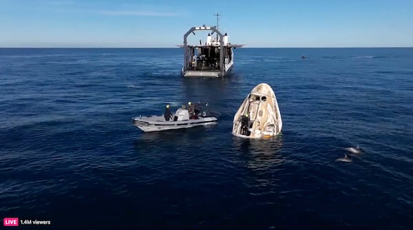 This image taken from video released by SpaceX shows dolphins swimming near a SpaceX capsule, Tuesday, March 18, 2025, after landing off the coast of Florida with NASA astronauts Suni Williams, Butch Wilmore and Nick Hague, and Russian cosmonaut Alexander Gorbunov. (SpaceX via AP)