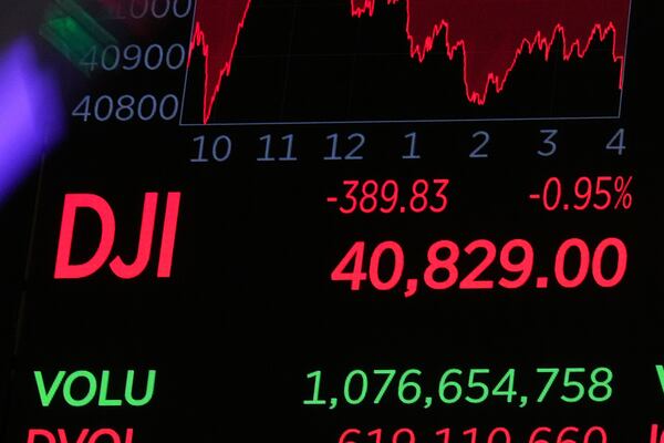 A board above the floor of the New York Stock Exchange displays the closing number for the Dow Jones industrial average, Tuesday, May 6, 2025. (AP Photo/Richard Drew)
