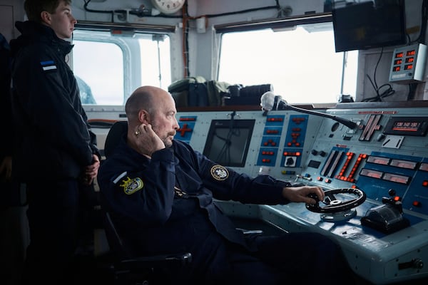 An Estonian naval ship sails in the Baltic Sea on Thursday, Jan. 9, 2025, as part of stepped-up NATO patrols in the region following suspected sabotage of undersea cables. (AP Photo/Hendrik Osula)