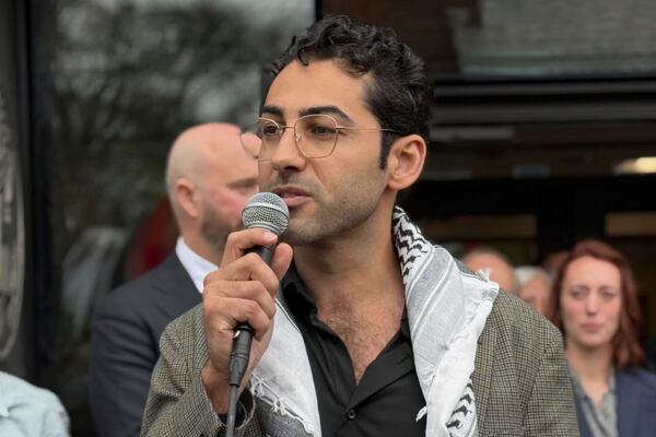 Mohsen Mahdawi speaks outside the courthouse after a judge released the Palestinian student activist on Wednesday, April 30, 2025 in Burlington, Vt. (AP Photo/Amanda Swinhart)
