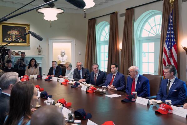 President Donald Trump, second right, speaks during a cabinet meeting at the White House, Wednesday, April 30, 2025, in Washington. (AP Photo/Evan Vucci)