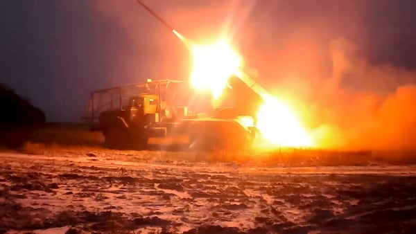 In this photo, taken from video and released by the Russian Defense Ministry Press Service on Thursday, Jan. 16, 2025, a Russian "Grad" self-propelled multiple rocket launcher fires towards Ukrainian positions in Kursk region of Russia. (Russian Defense Ministry Press Service via AP)